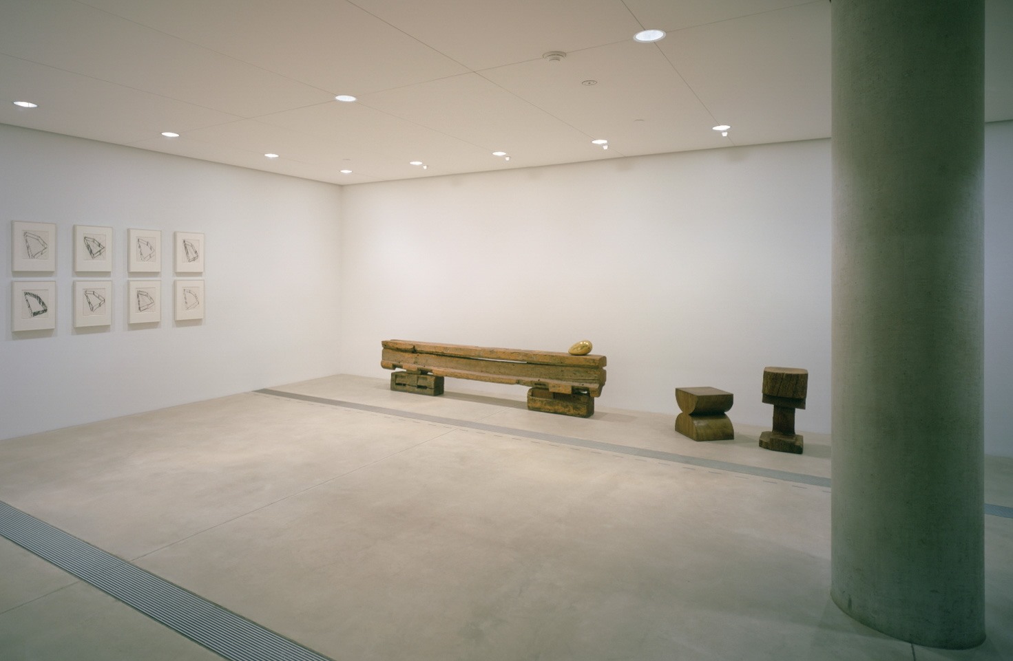 In the Entrance Gallery, there are eight drawings by Serra related to his piece "Twain," and four Brâncuși sculptures on the west wall ("Bench," "Sleeping Muse II" which sits on "Bench," "Stool," and "Watchdog."