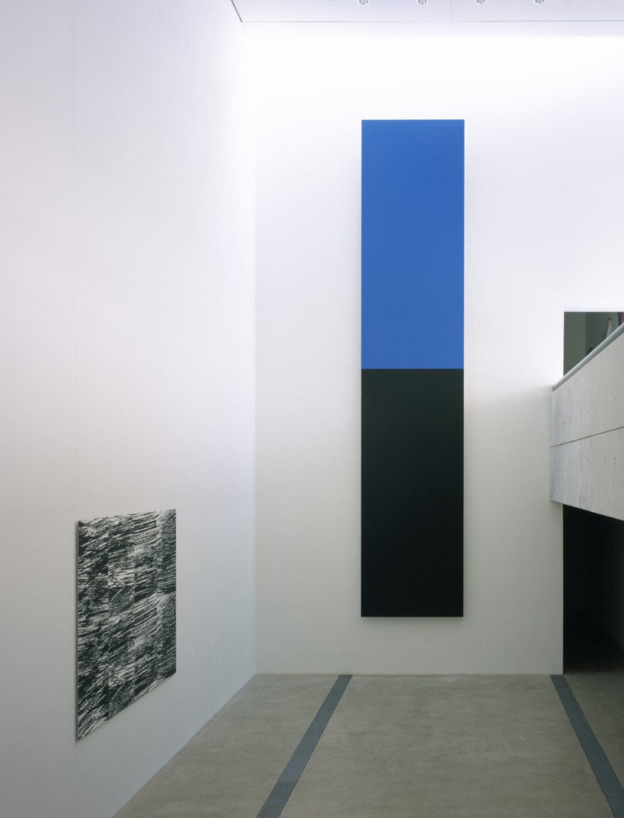 Ellsworth Kelly's "Blue Black" hangs with his "River II" in the Lower Main Gallery on a bright day.