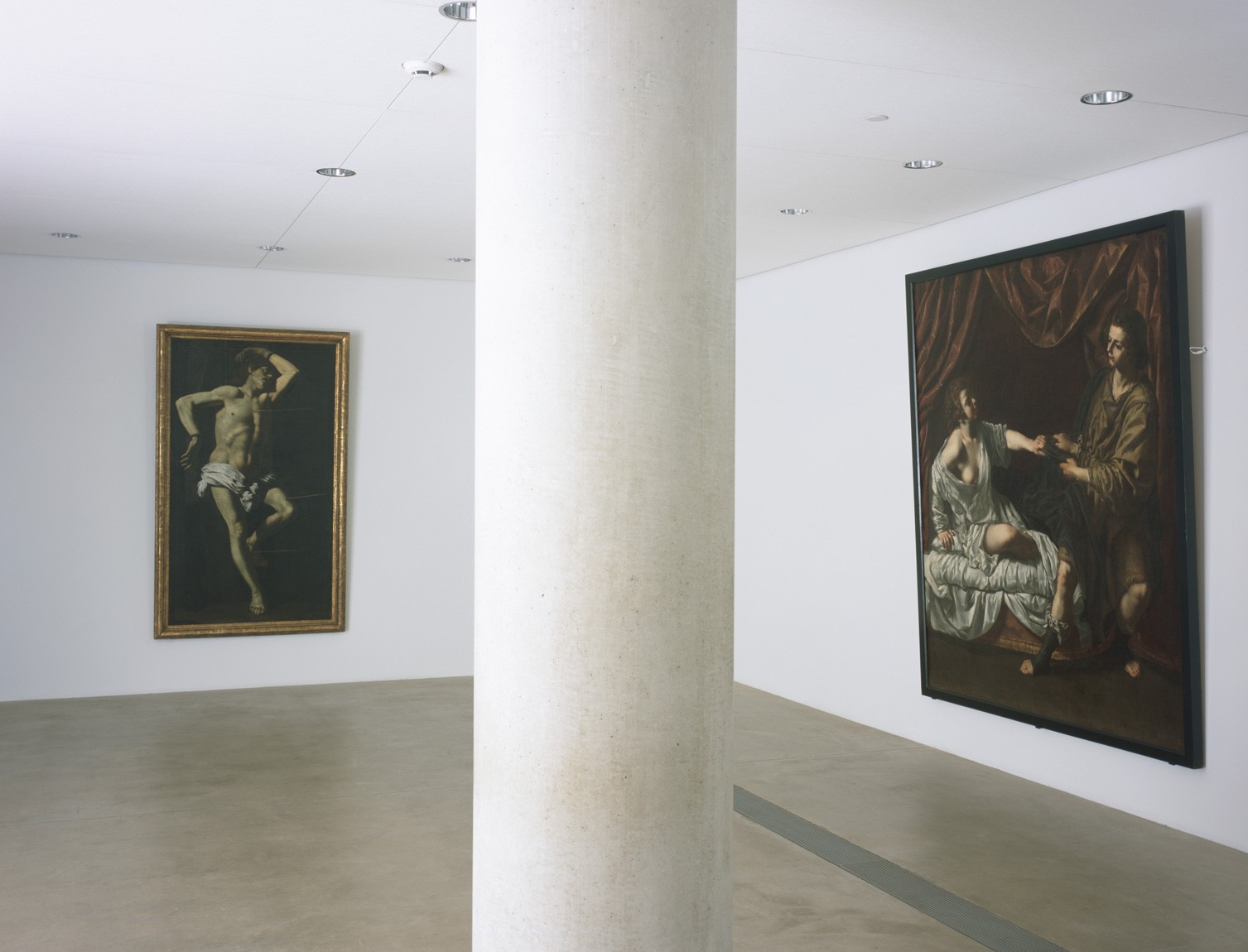 In the Entrance Gallery, two paintings are on view on opposite sides of a column: Giovanni Battista Caracciolo's "The Martyrdom of Saint Sebastian" and Paolo Domenico Finoglia's "Joseph and Potiphar's Wife."