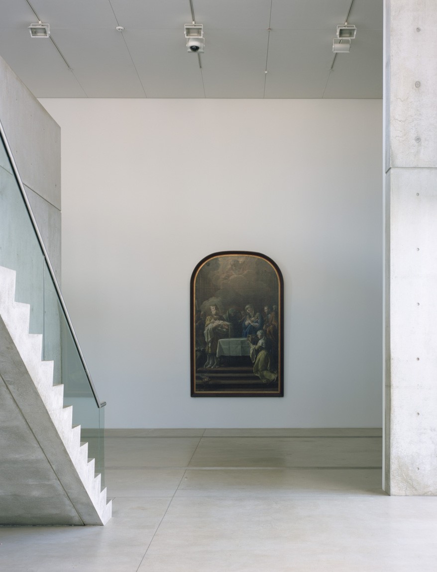 Carrado Giaquinto's "Presentation at the Temple" hangs in the Main Gallery, framed by the Water Court windows and the Mezzanine staircase.