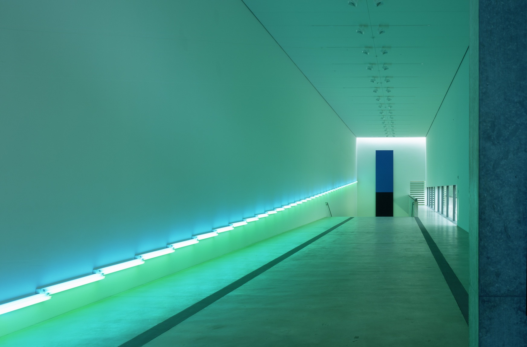 Flavin's "untitled (to my dear bitch, Airily)" lines the entirety of the Main Gallery east wall.