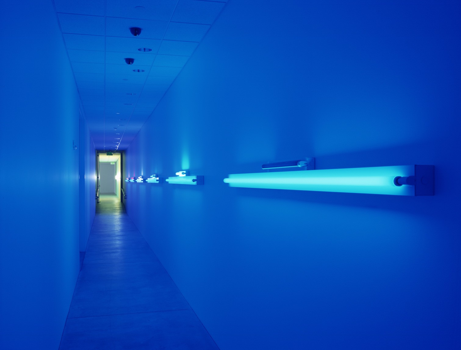 Six pieces by Flavin each titled "untitled (for Charlotte and Jim Brooks)" are installed in a row in a dark, glowing, blue Lower Hallway. They are blue fluorescent beams with smaller beams of different colors centered above them.