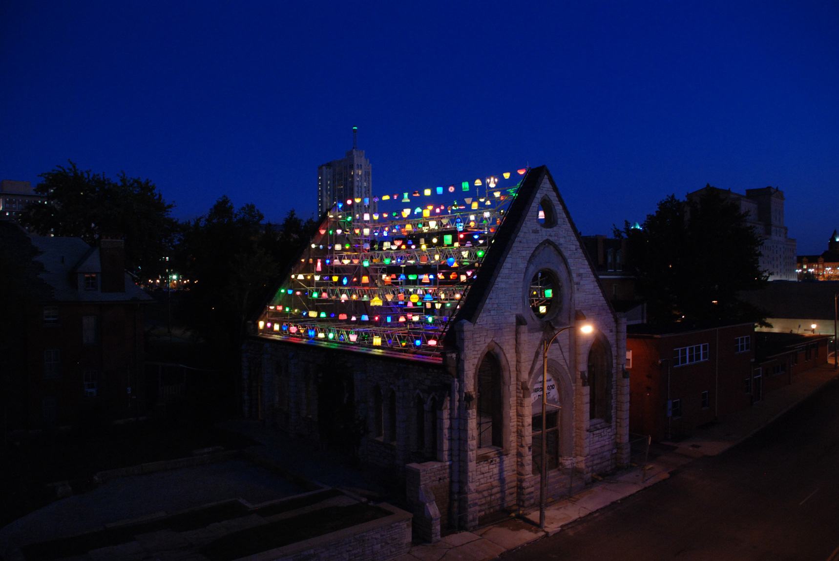 A nighttime view of the installation "CHORUS" by Rainer Kehres and Sebastian Hungerer set in the Spring Church. The piece is comprised of 300 lamps.