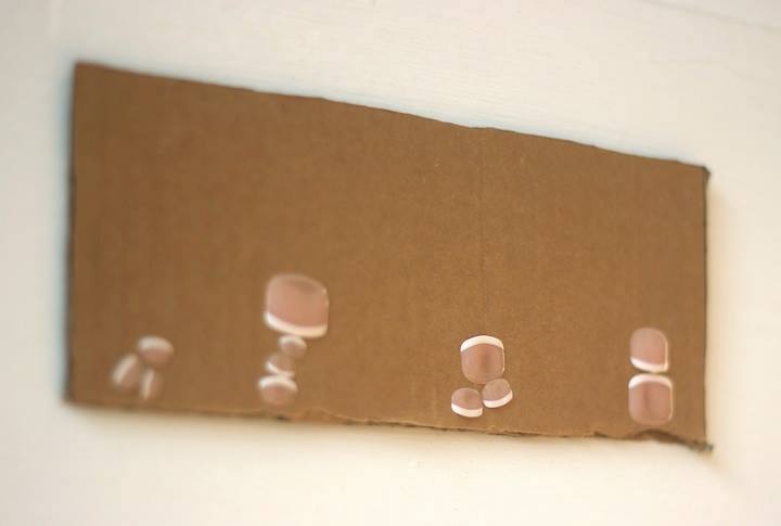 A rectangular piece of cardboard with clusters of light brown shapes on the bottom half.