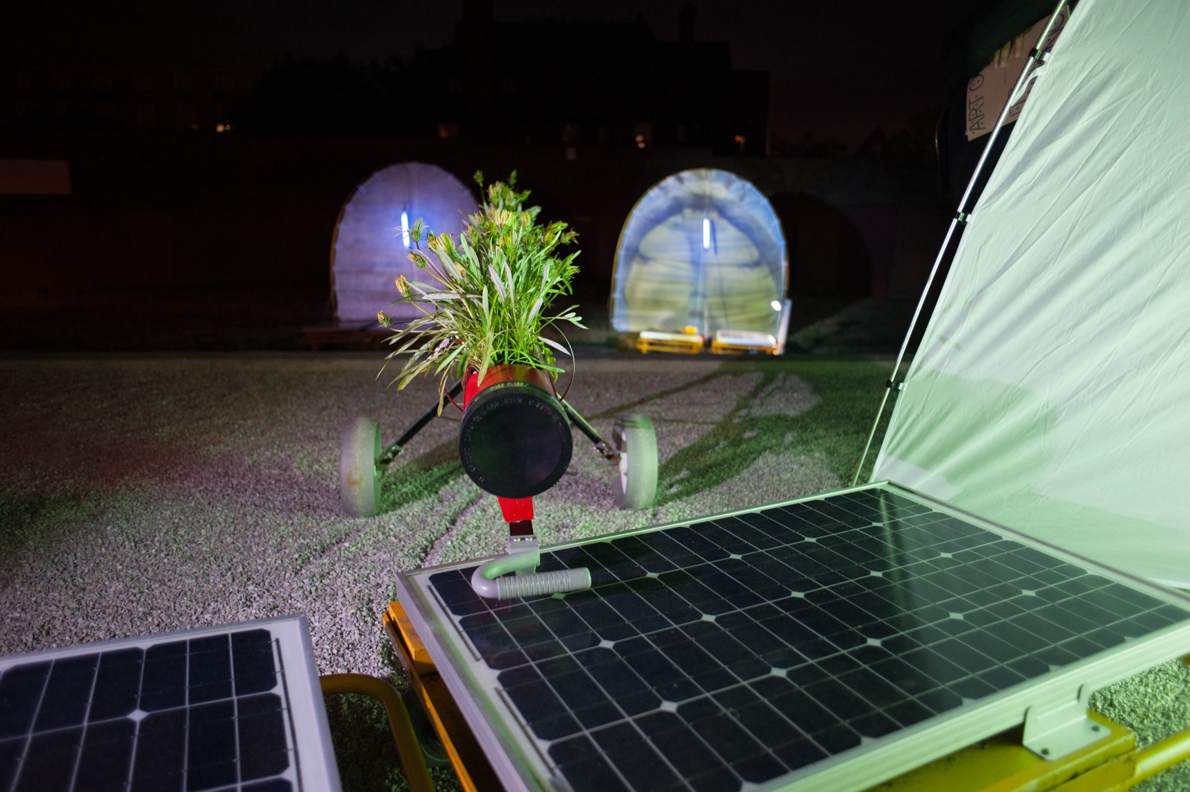Solar panels and a plant on wheels.