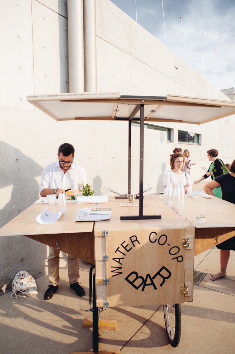 Closeup view of the vendor cart for the Water Co-Op Bar in the Courtyard.