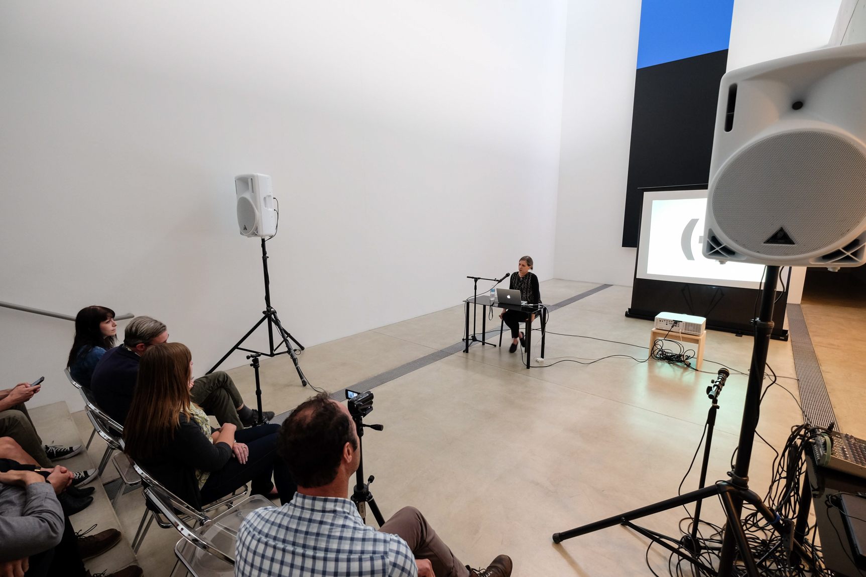 Keller Easterling gives a presentation to an audience in front of Kelly's "Blue Black," with a projection screen. Easterling is seated behind a table with a microphone.
