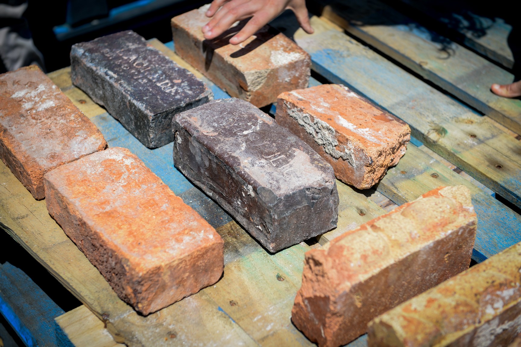 A closeup of different type bricks arranged on a pallet.