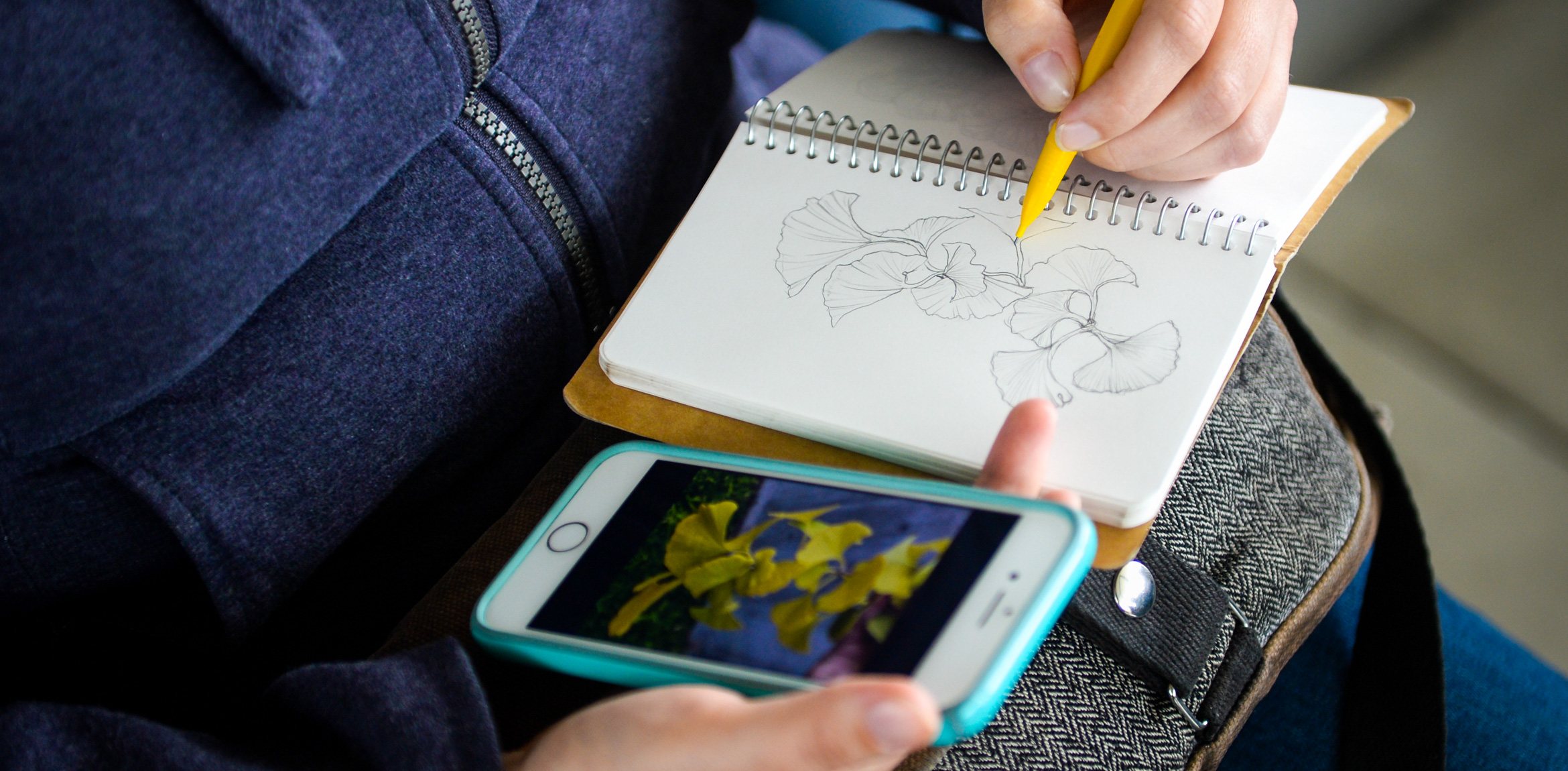 An artist sketches gingko leaves on a notepad and holds a phone displaying a reference image.