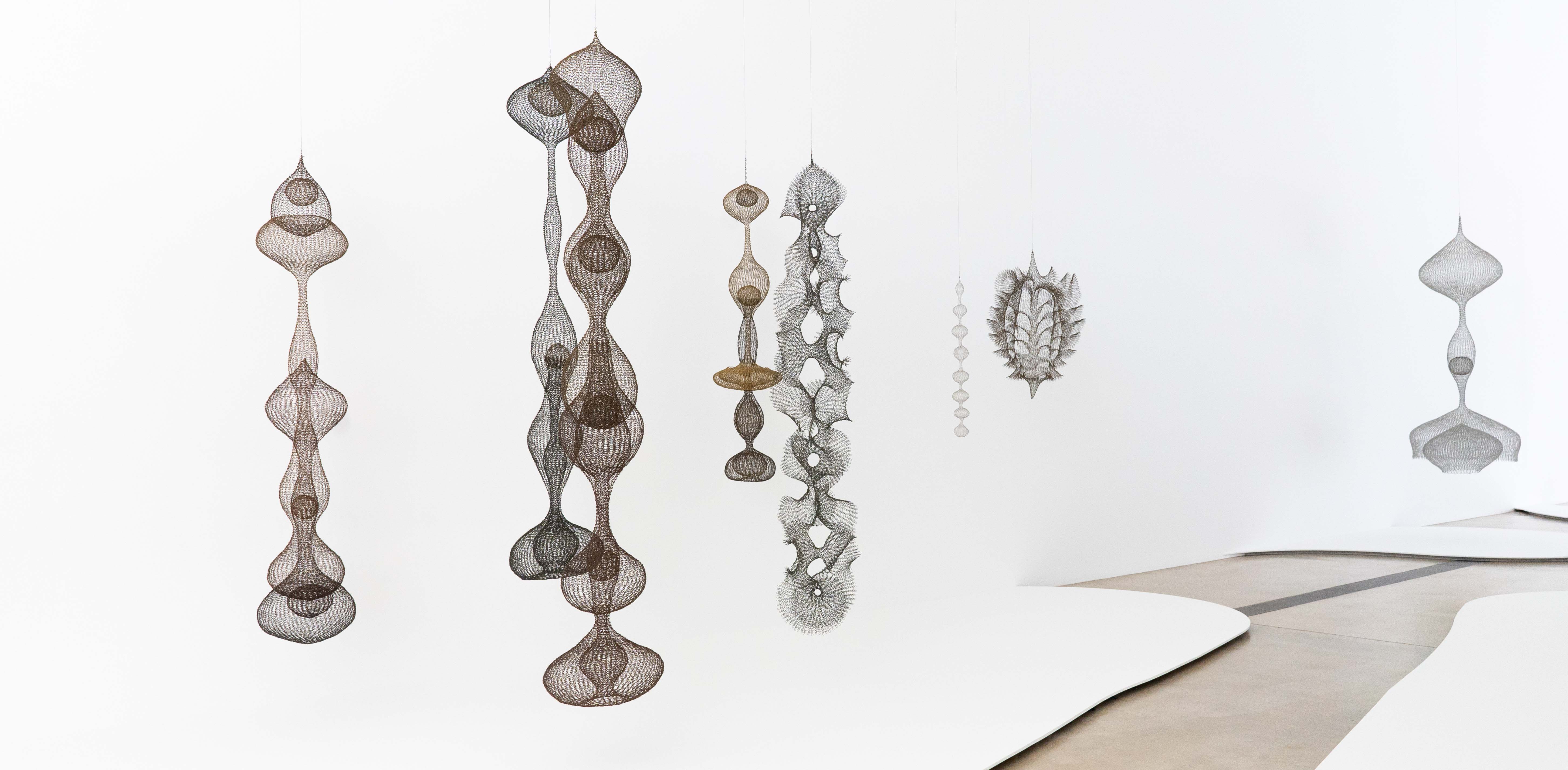A view of Ruth Asawa's hanging wire sculptures in the Main Gallery.