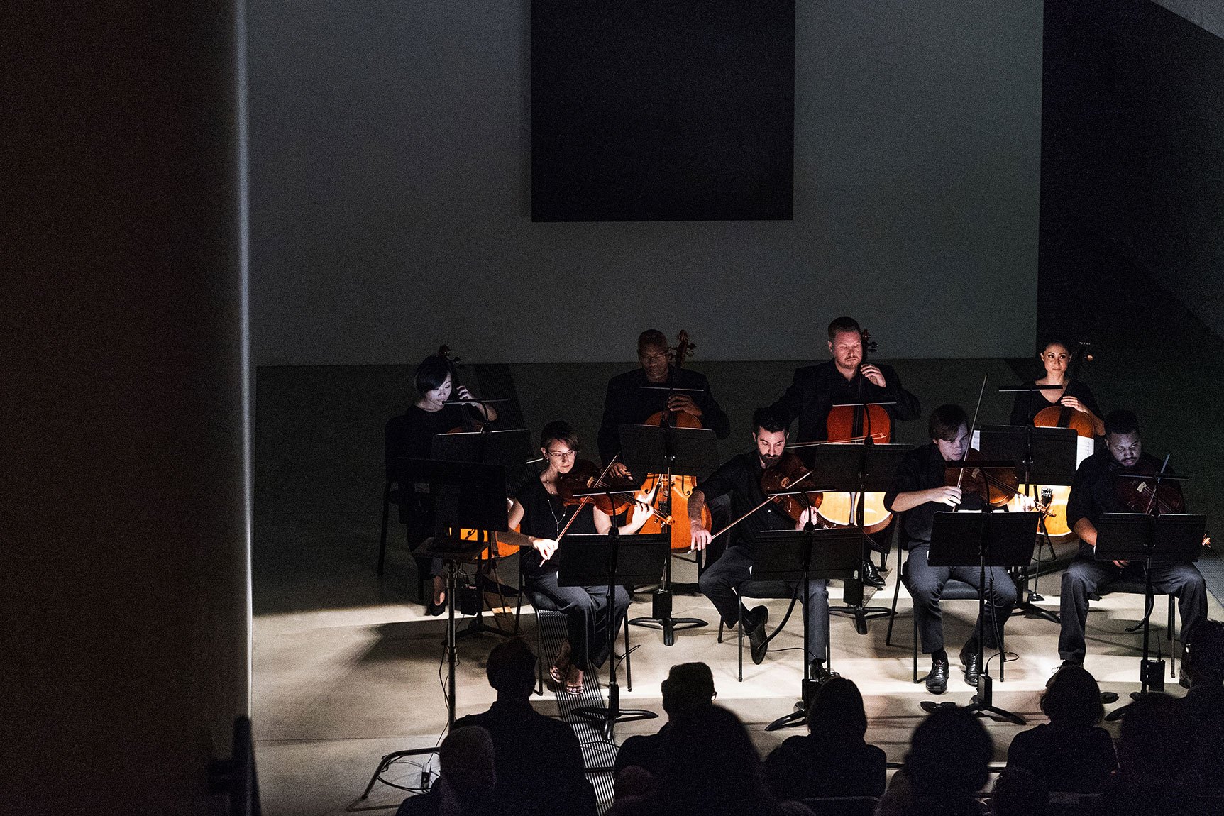 A view from the audience of a string ensemble performing in the Lower Main Gallery.