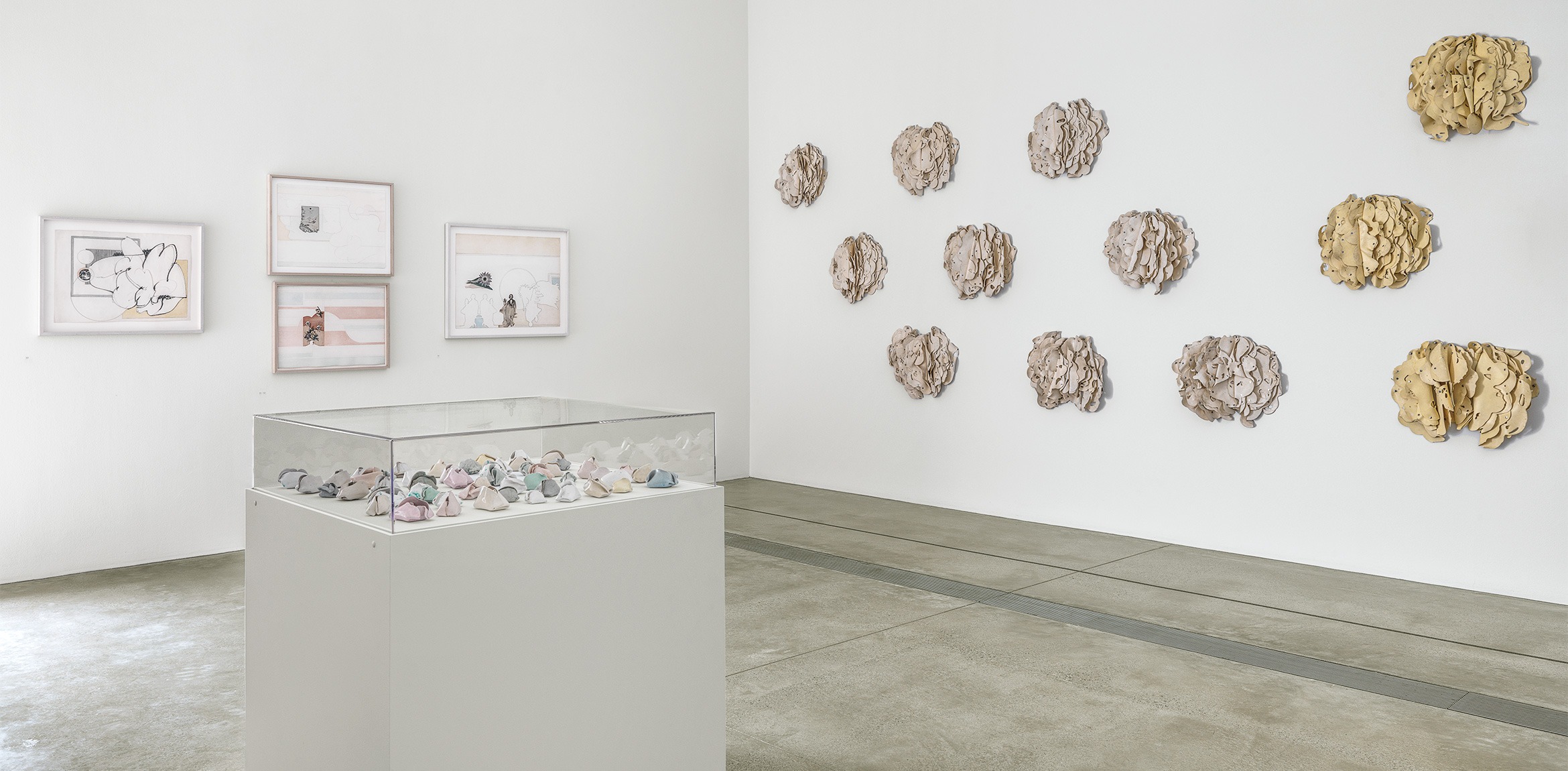 Installation view of the Cube gallery featuring four framed works, latex works, and a vitrine filled with little ceramic sculptures.