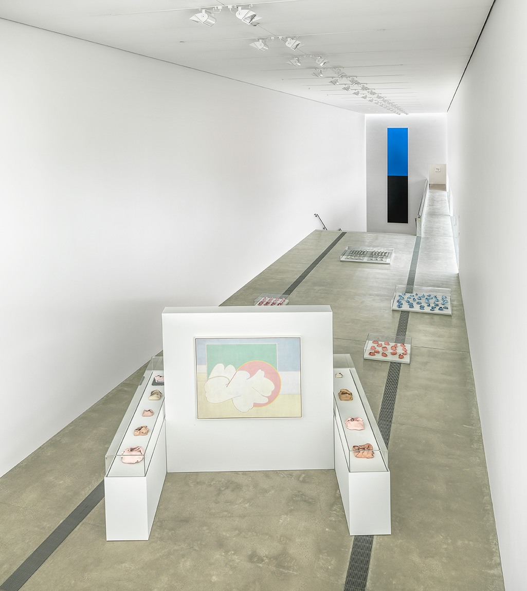 An installation view of the Main gallery featuring a free standing wall and five vitrines