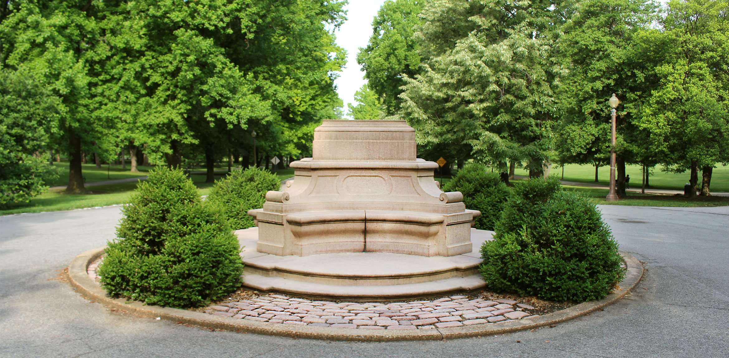 A view of the remaining base of removed Christopher Columbus statue in Tower Grove Park.