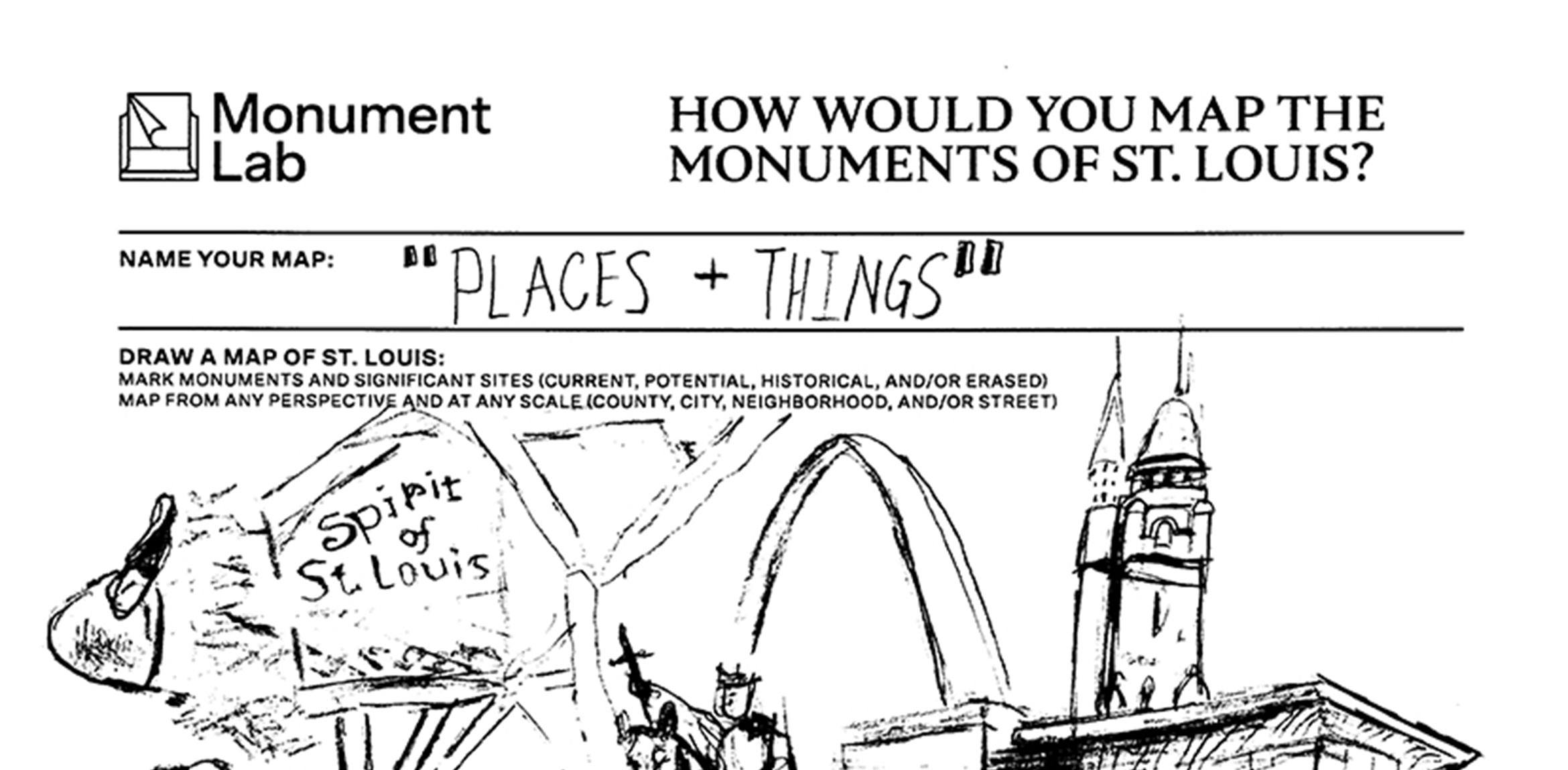 A scanned Monument Lab worksheet which has been drawn and written on.