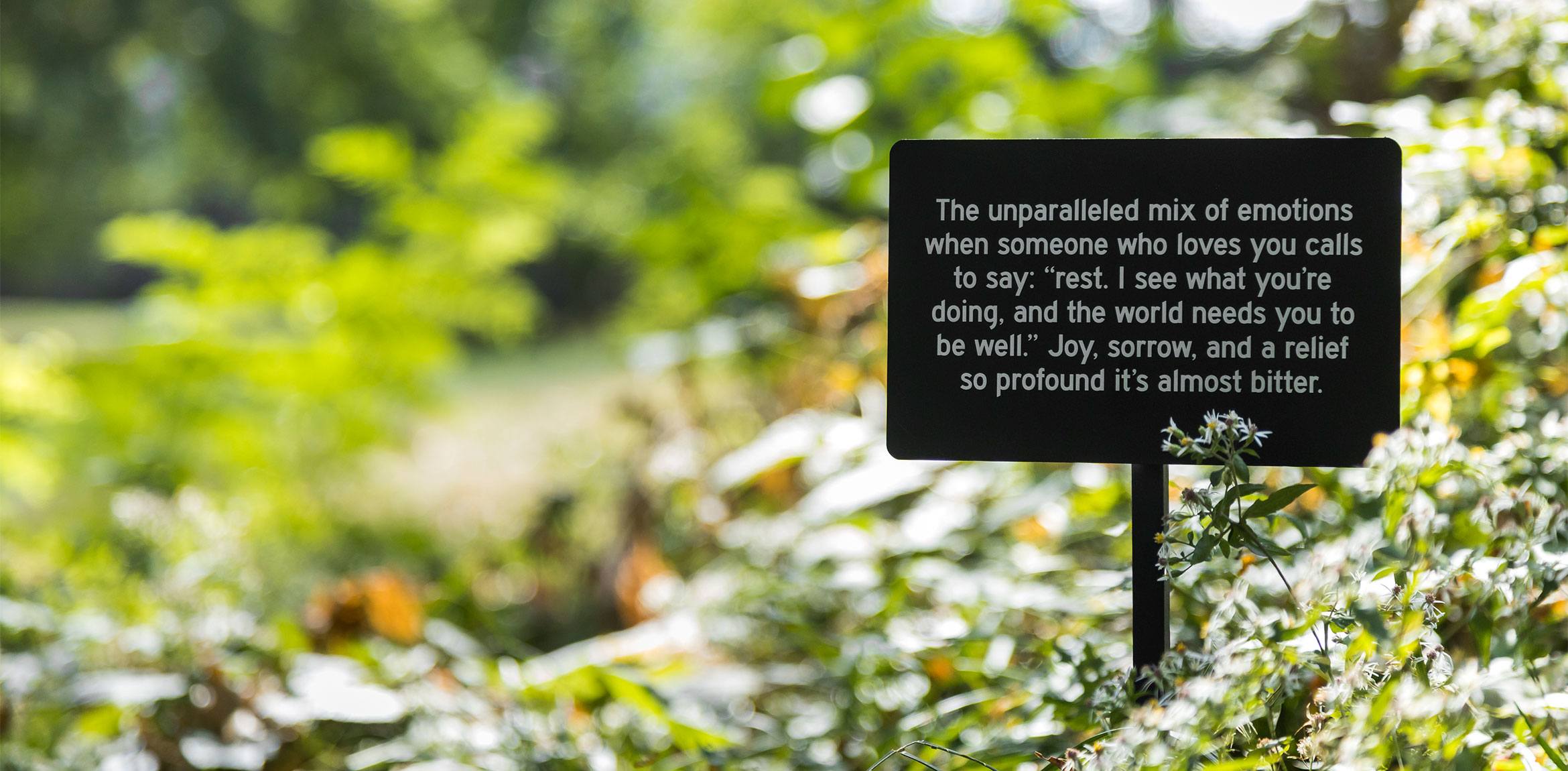Chloë Bass' small aluminum sign, "The unparalleled mix of emotions when someone who loves you calls to say: rest. I see what you’re doing, and the world needs you to be well. Joy, sorrow, and a relief so profound it’s almost bitter" installed in a botanical patch.