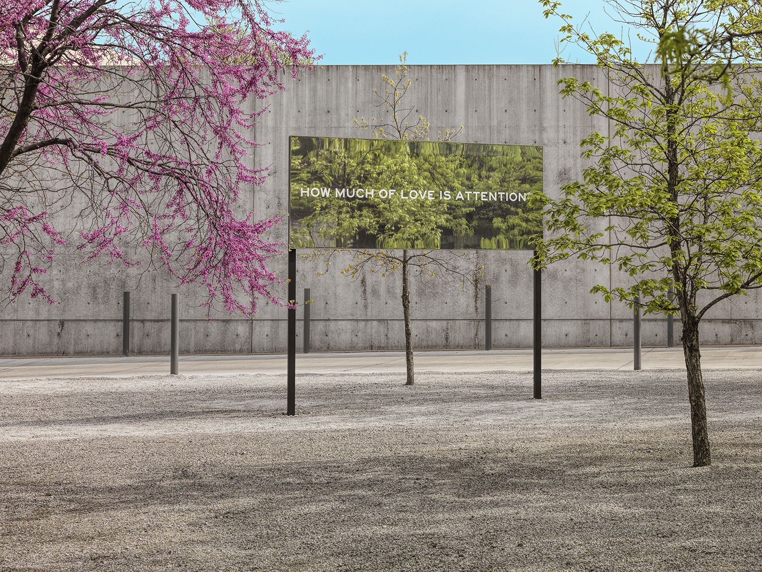 A mirrored billboard work with text by Chloë Bass installed outdoors in the tree grove behind the museum