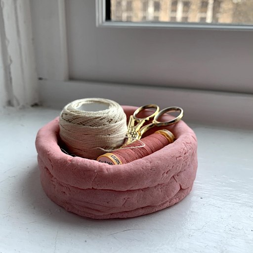 A pink vessel holding thread and scissors made from homemade clay