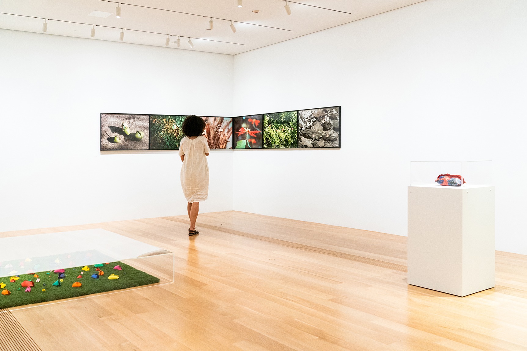 A visitor in the lower west gallery viewing work by artist Hannah Wilke, including photographs installed in the far corner, a ground work, and a sculpture on a pedestal