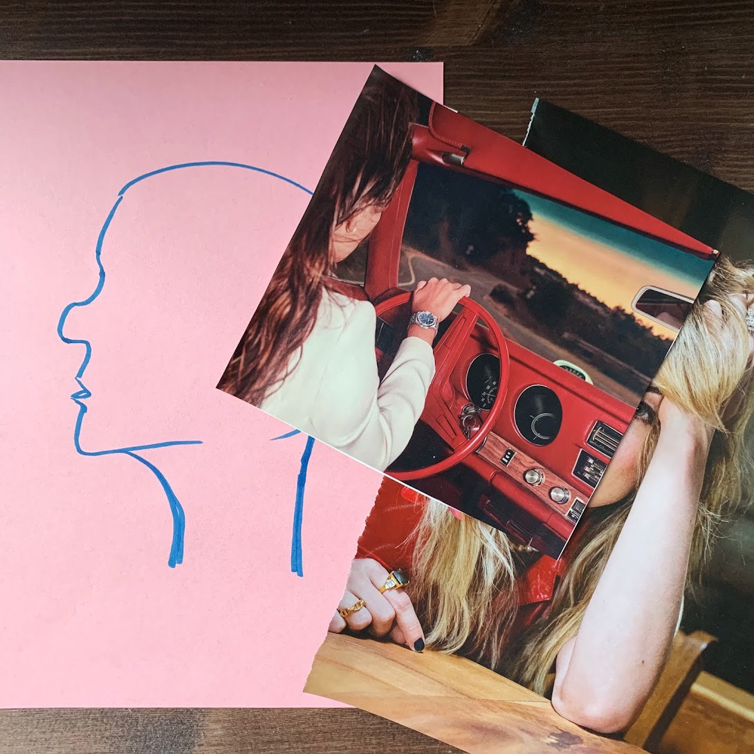 A sketch of a head on pink paper and two magazine clippings