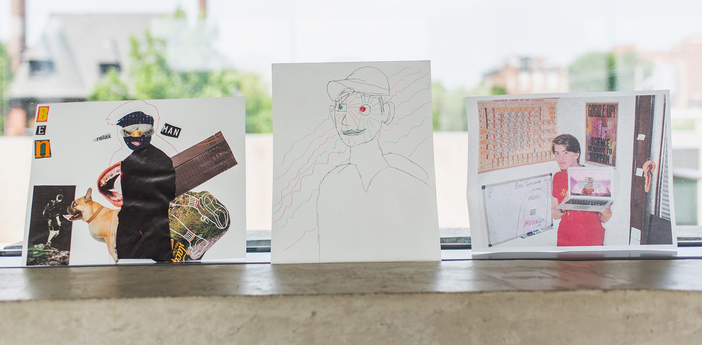 Three mixed media portraits by a teen program participant