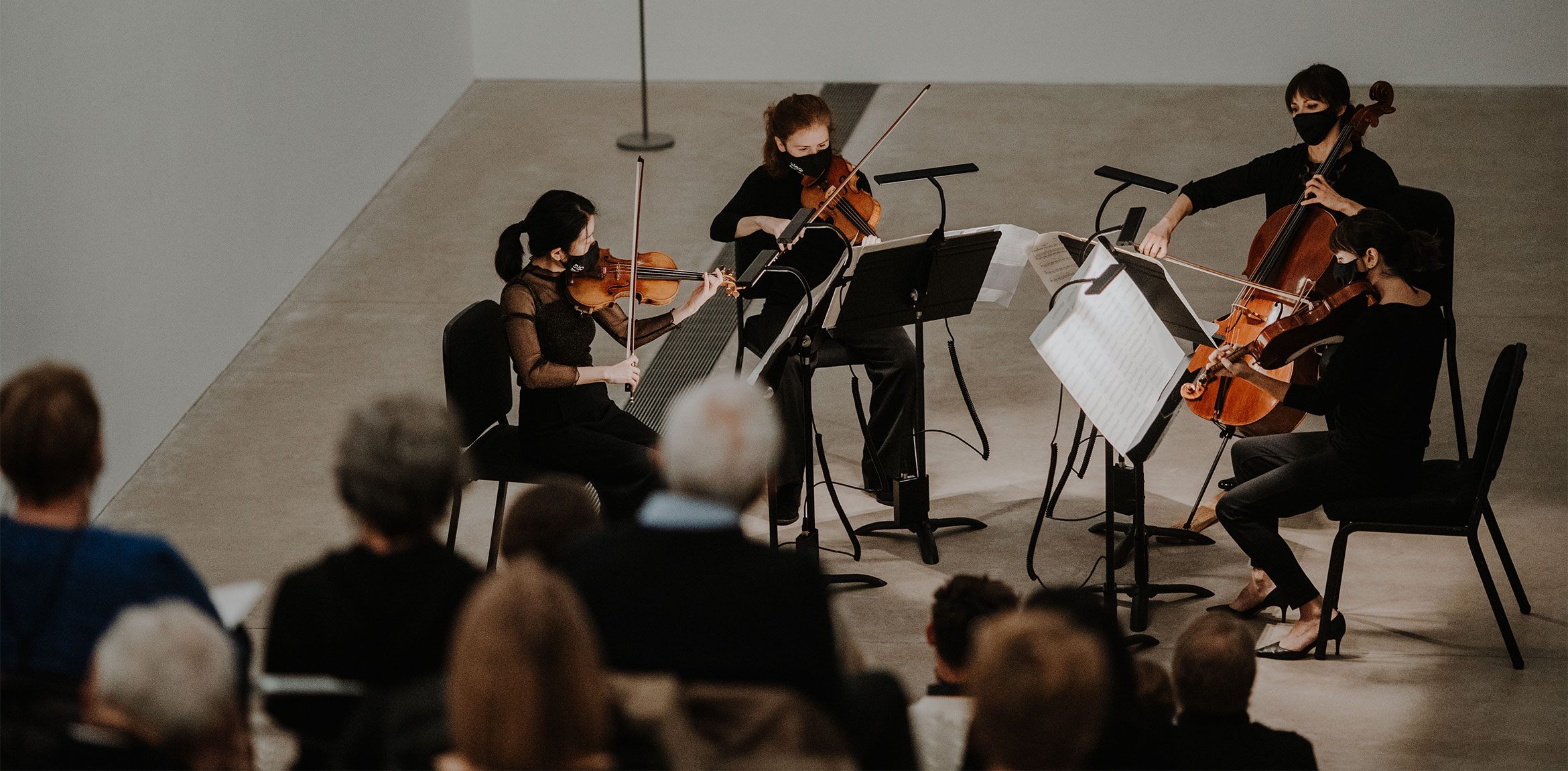 Four string musicians performing before an audience
