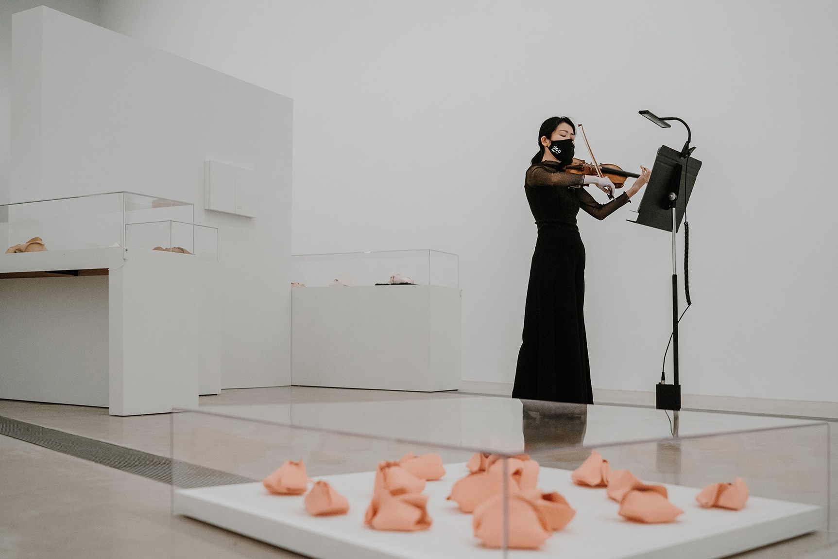A violinist performs in the gallery, surrounded by the "Hannah Wilke: Art for Life's Sake" exhibition