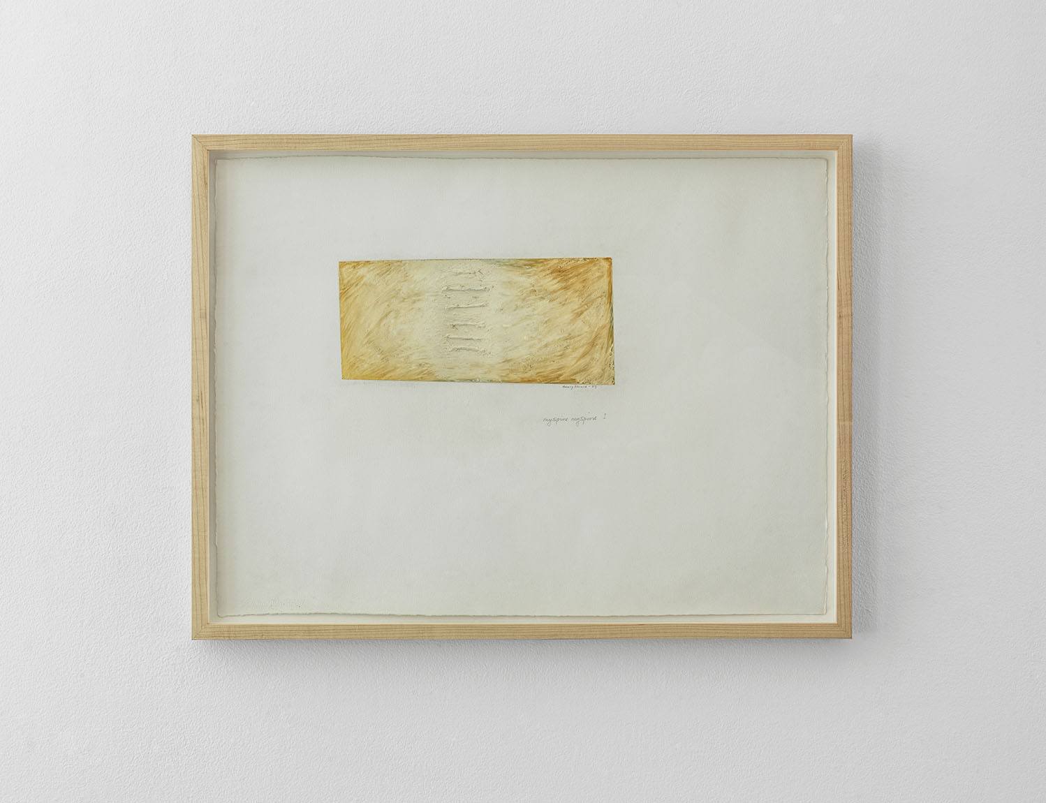 Textured yellow and white oil drawing in a small rectangular shape on fabric paper with a light wooden frame