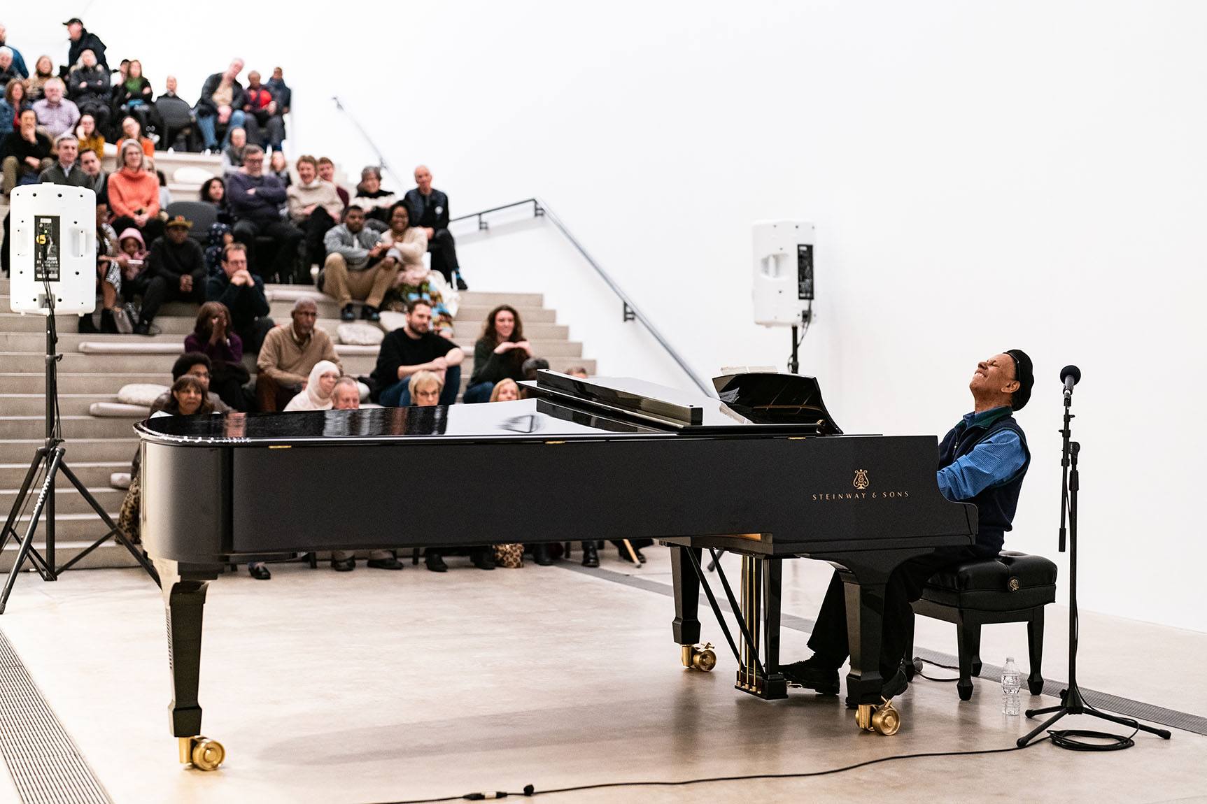 Jazz pianist Ptah Williams performing during the closing reception of "Barbara Chase-Riboud" Monumentale: "The Bronzes."