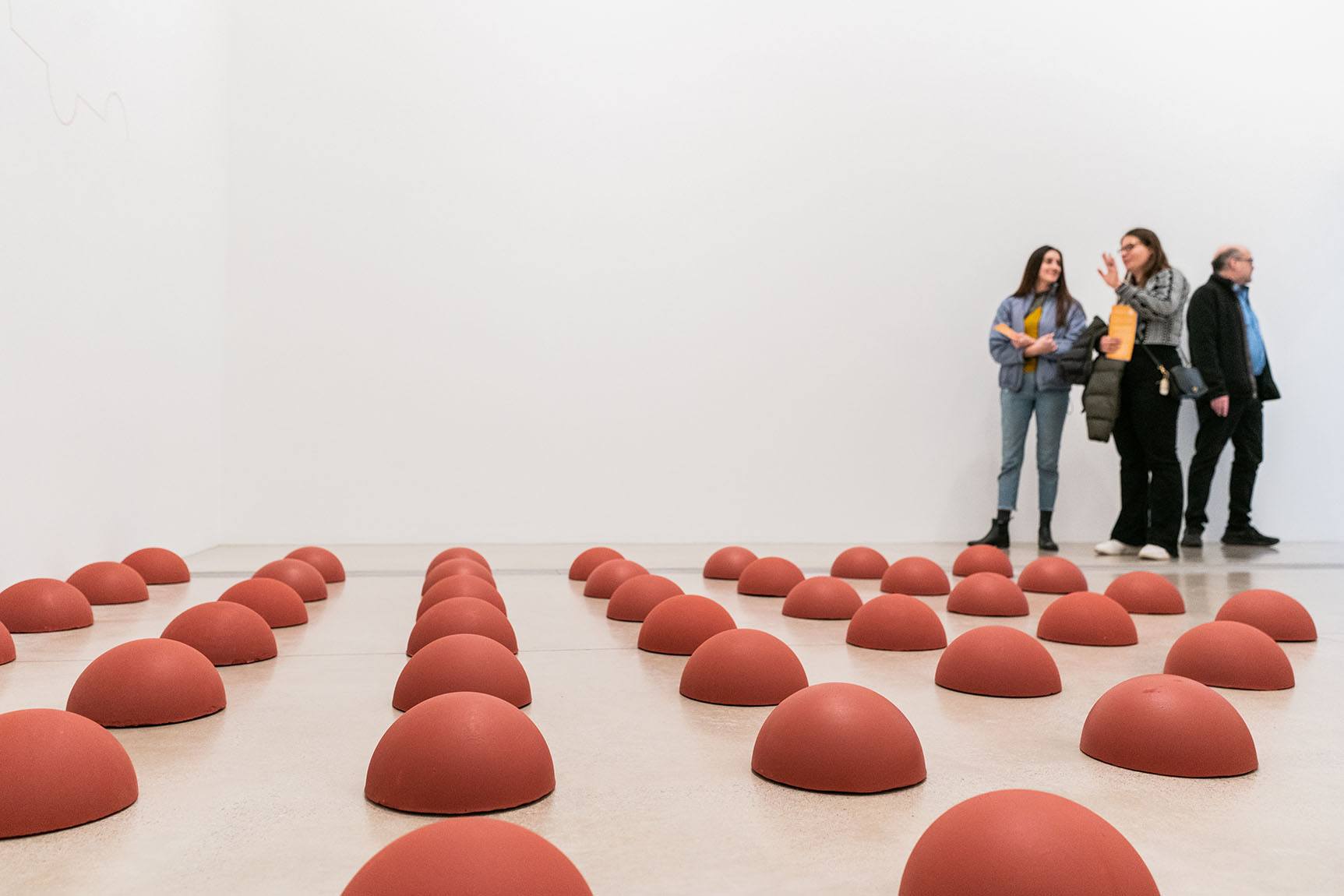 People standing with artwork, several small red mounds lined up in a grid on the floor