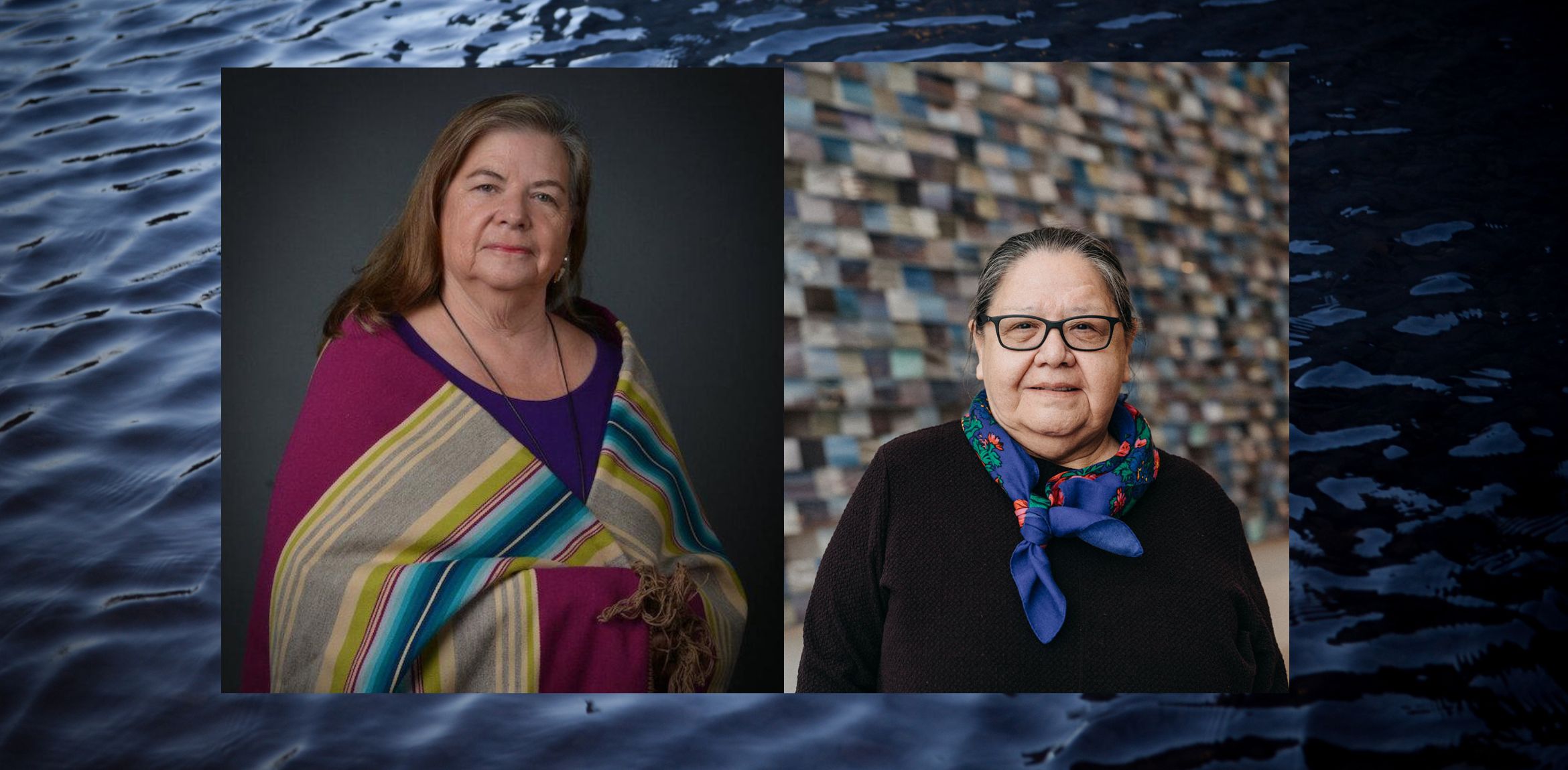 Portraits of artists Anita Fields and Faye HeavyShield in front of a rippling water background