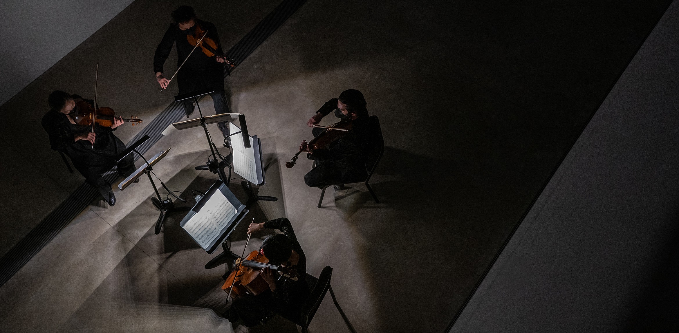 Top view of four string musicians performing in a dimly lit room