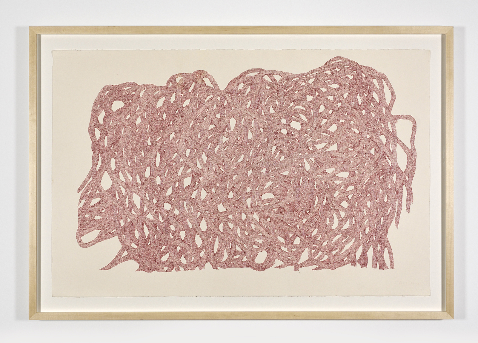 An abstract red drawing of rope-like shapes on canvas