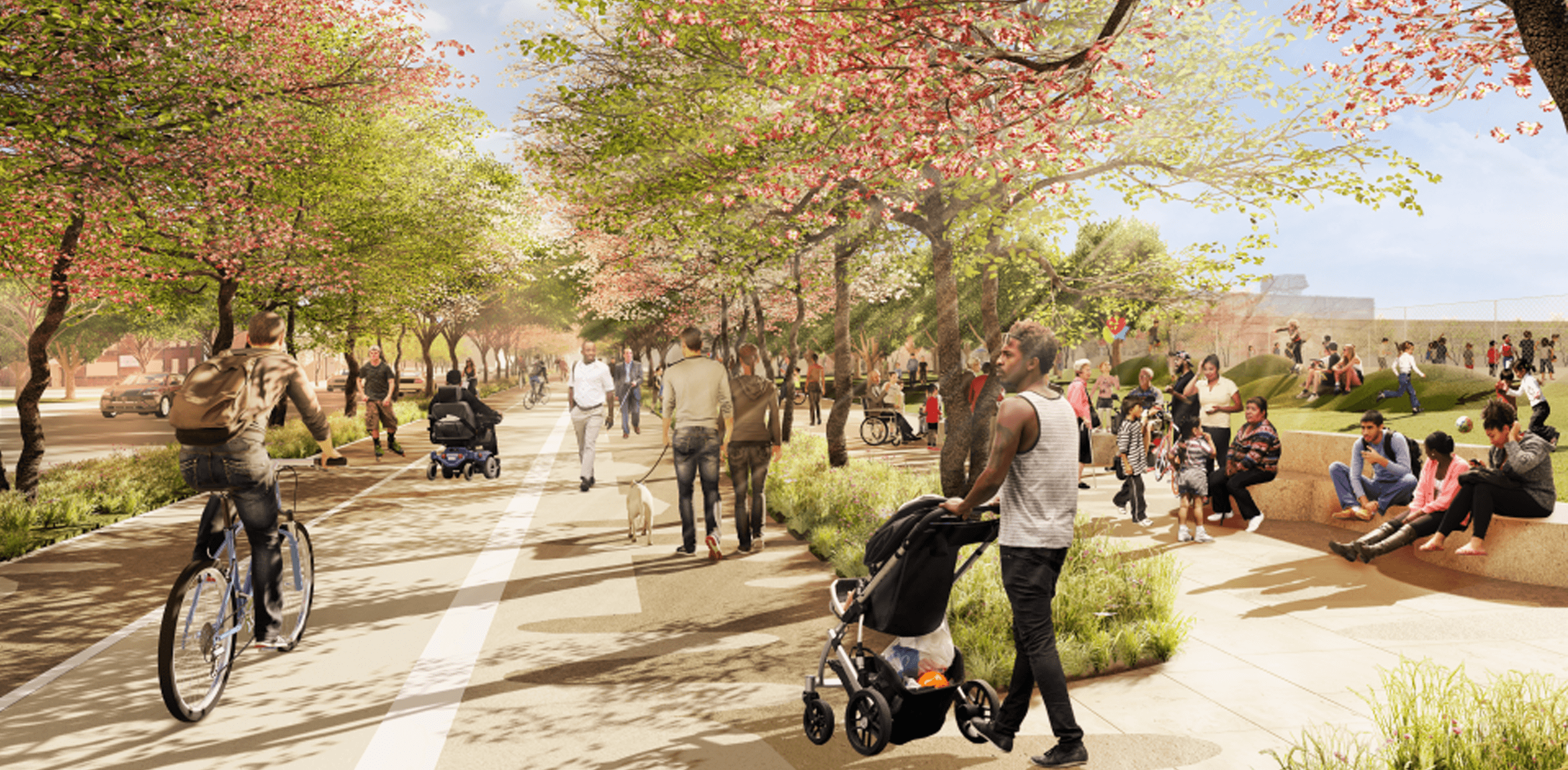 A rendered image of people a crowded park with large trees and various recreational spaces