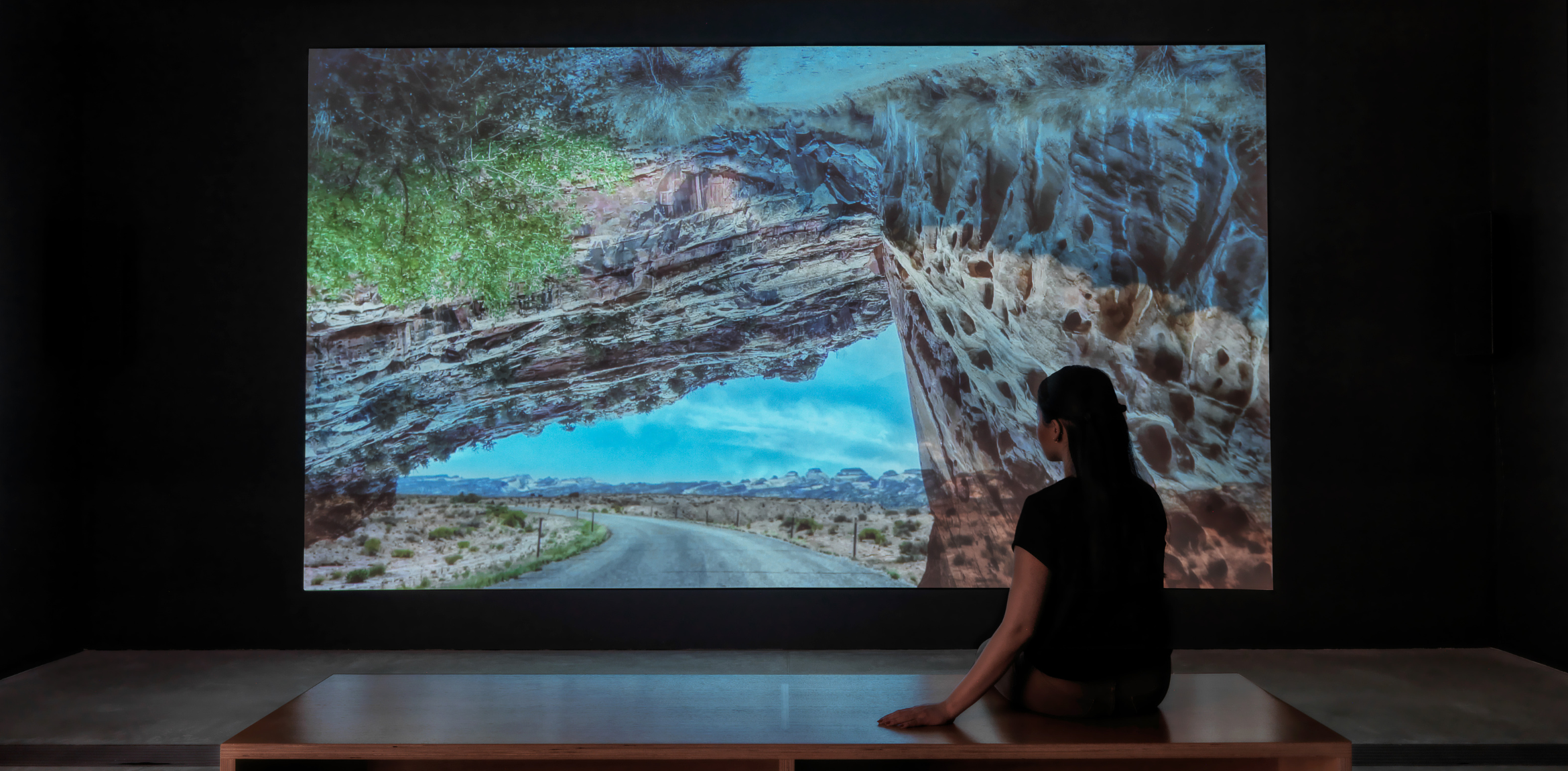  Female with dark hair and black blouse watching a film of two landscapes composited on top of each other