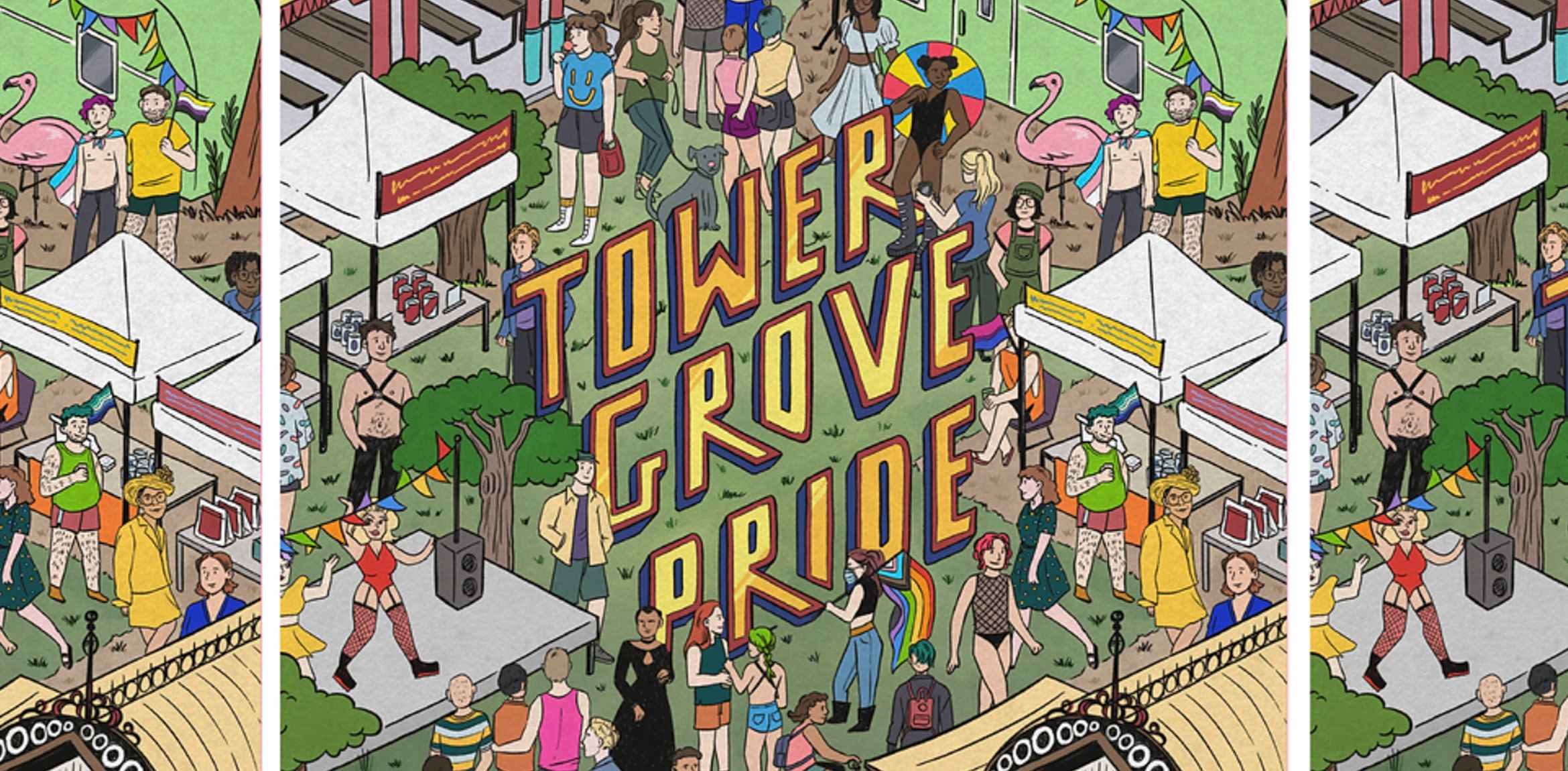 A stylized illustration of a top view of tower grove during pride with crowds and booths