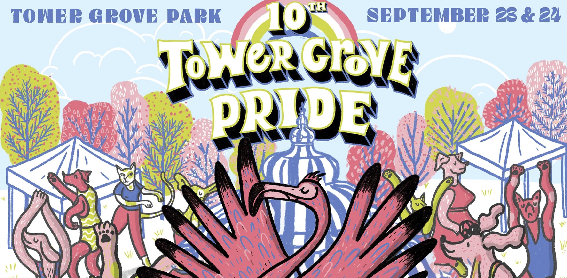 An illustrated poster with many anthropomorphic animals at a park with a large sign depicting text Tower Grove Pride