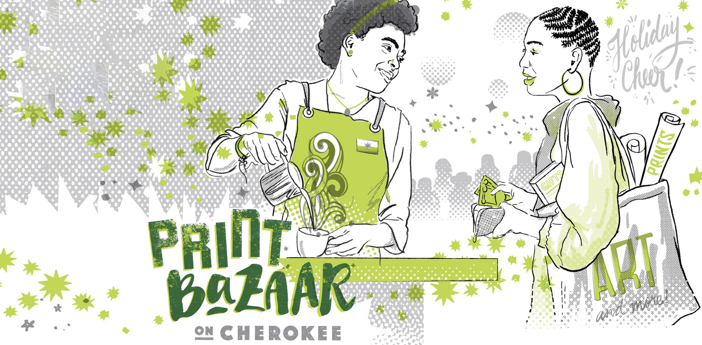 Halftone silkscreen style poster of a person serving coffee and another person getting ready to pay with the text Print Bazaar
