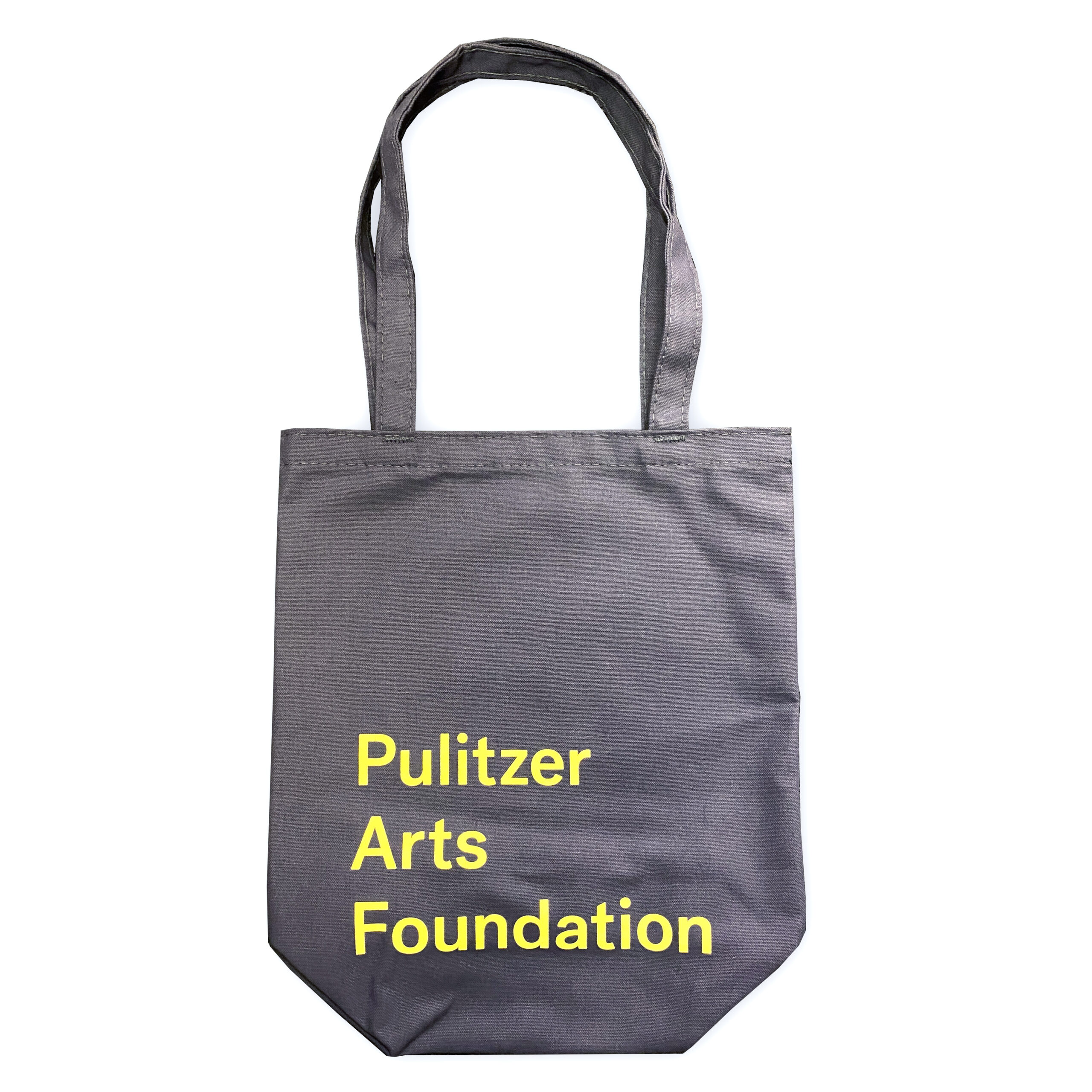 A product shot of a grey tote bag with yellow lettering