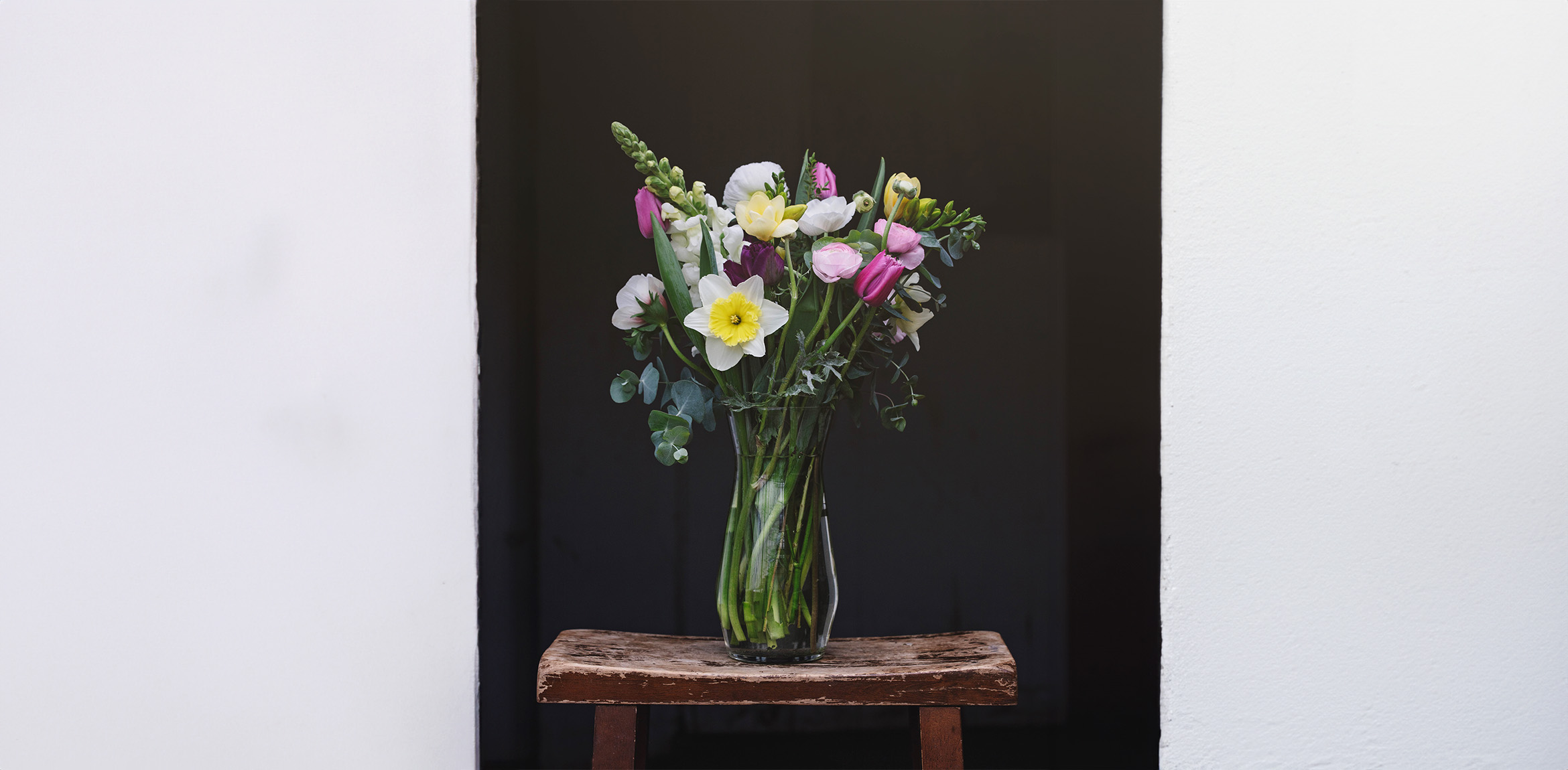 A vase of flowers in front of a dark background