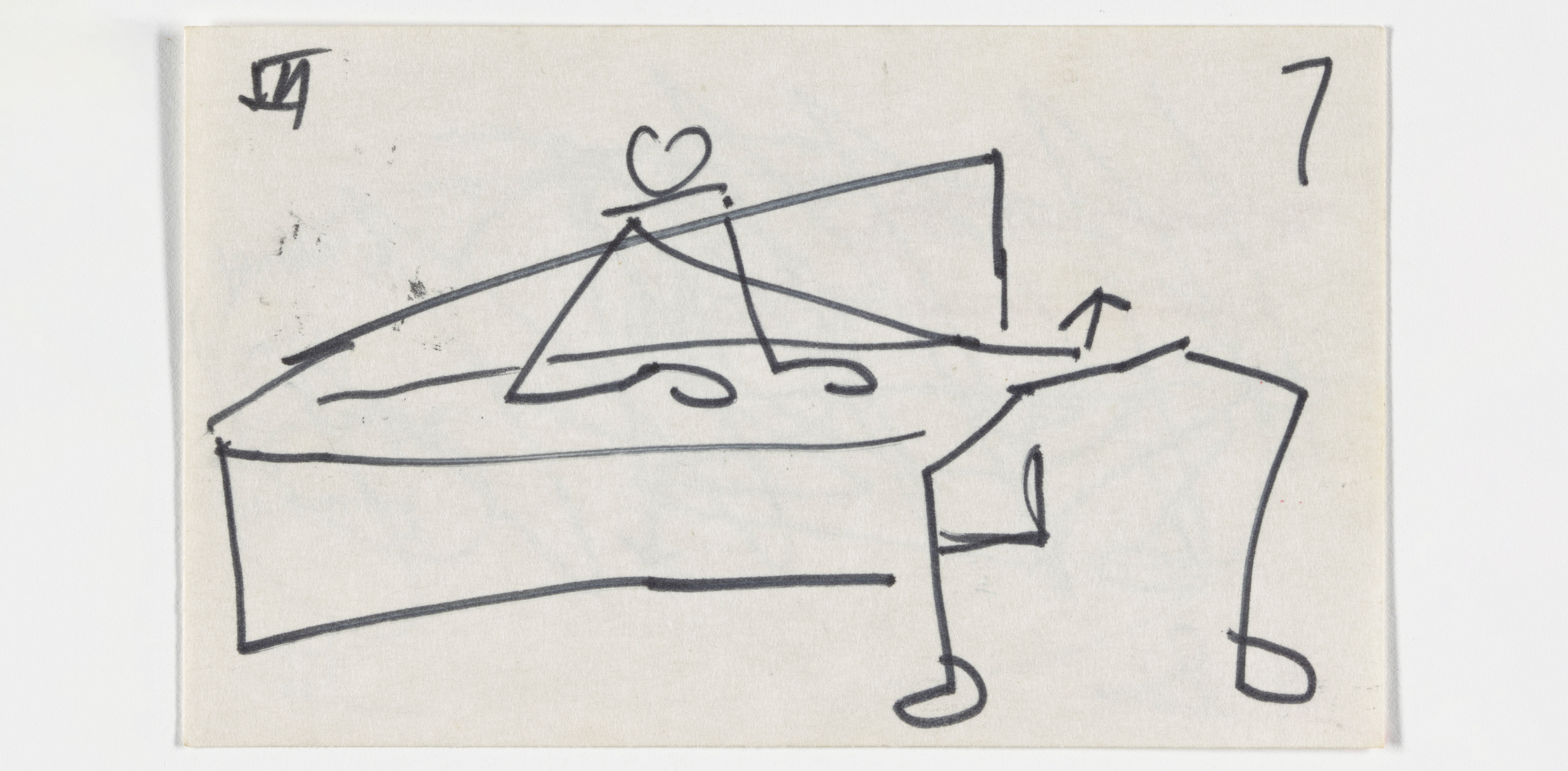 The image shows a simple, hand-drawn sketch of an abstract object with a triangular shape in the center with a person seated at it. There are arrows pointing upwards from the legs. The number 