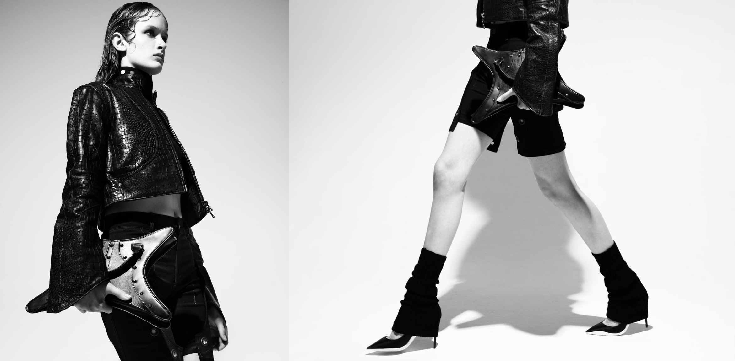 A high-fashion editorial image in black and white featuring a model with a sleek, modern look. The model is wearing a cropped black leather jacket with wide sleeves and a structured, futuristic design. They are holding an angular, avant-garde accessory resembling a saddle or a harness in one hand. The image on the right captures the model in motion, emphasizing their long legs, pointed-toe heels, and the contrast between the textures of leather and fabric. The overall style is edgy and minimalist, highlighting strong lines and bold fashion choices.