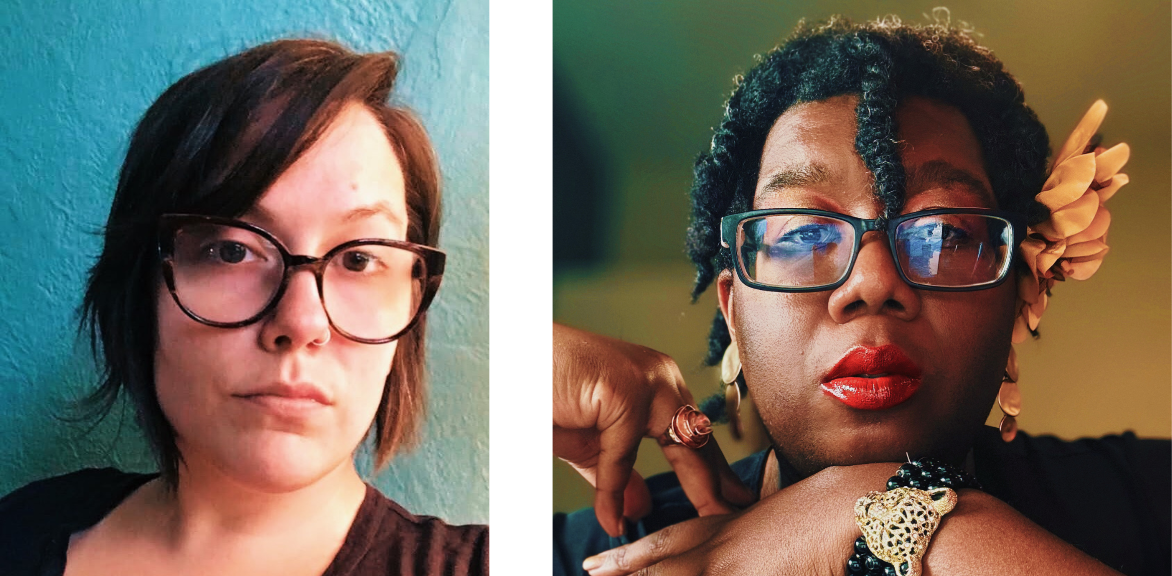 Side-by-side portraits of two St. Louis-based writers. On the left, a person with short dark hair and large glasses poses against a teal background. On the right, a person with natural hair adorned with a flower and wearing bold red lipstick poses against a warm-toned background.