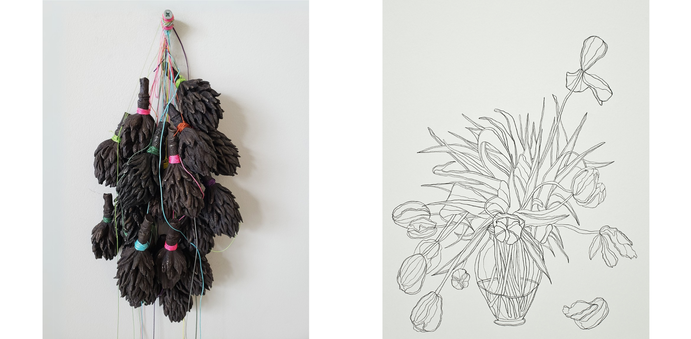 A composite image featuring two artworks. On the left, a wall-mounted sculpture made of dark, organic, seed-like forms bundled together and tied with colorful strings in pink, green, blue, and purple. The bundles hang from a single hook against a white wall. On the right, a delicate line drawing of a vase filled with tulips and leafy plants. Some tulip petals and leaves appear to have fallen beside the vase, giving the composition a sense of gentle disarray.