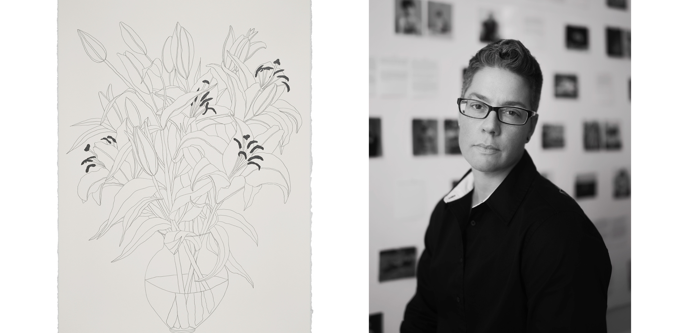 Side-by-side images: on the left, a black-and-white line drawing of lilies in a round vase; on the right, a black-and-white portrait of a person wearing glasses and a dark shirt, looking directly at the camera, with a wall of photographs in the background.